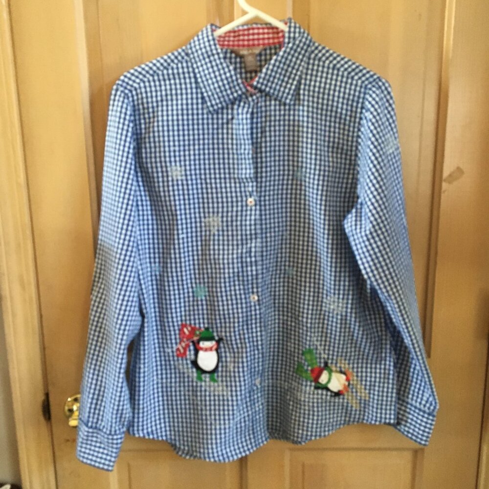White Stag Blue Check Penguin Button Down Christmas Blouse - Size Large 12/14